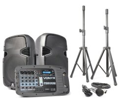 Vonyx PSS302 10" Přenosná zvuková sada SD/USB/MP3/BT se stojany