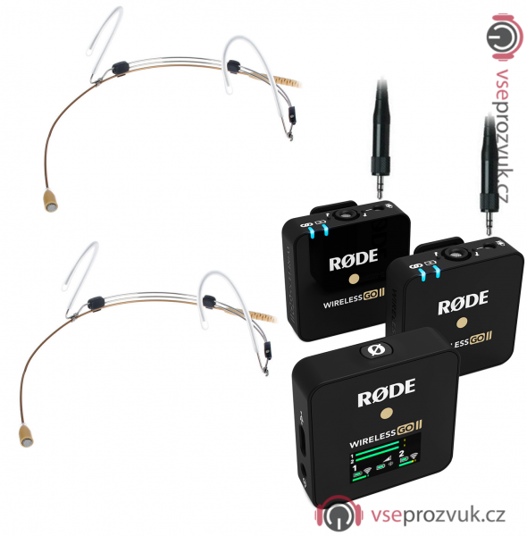 Rode Wireless GO II + 1x béžový náhlavní mikrofon Sennheiser HSP dvoukanálový mikroport 2,4Ghz