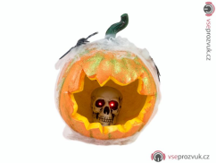 Halloween dýně v pavoučí síti s LED lebkou, 25 cm