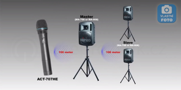 Bezdrátové propojení více reproboxů s bateriemi a bezdrátovým mikrofonem